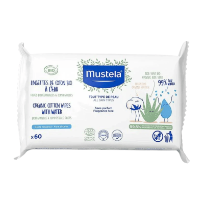 Mustela Lingettes Coton Bio à l'Eau, 60 pièces | LE PARA